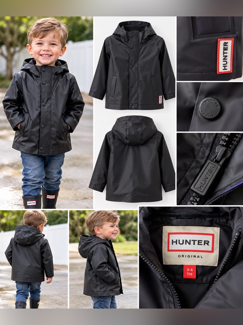 Hunter Kids Black Waterproof Hooded Rain Jacket
